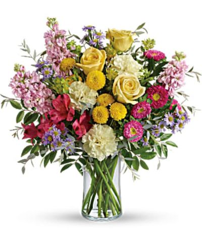 <div id="mark-2" class="m-pdp-tabs-marketing-description">Spread goodness and light far and wide with this joyful gift of pink, yellow and lavender blooms! Full of tantalizing texture and uplifting colors, it's sure to bring a smile to anyone's face.</div>
<div id="desc-2">
<ul>
 	<li>This beautiful bouquet includes yellow roses, red alstroemeria, light yellow carnations, pink stock, hot pink matsumoto asters, large lavender monte cassino asters, yellow button spray chrysanthemums, bupleurum, huckleberry, and parvifolia eucalyptus.</li>
 	<li>This beautiful bouquet includes yellow and pink roses, red alstroemeria, light yellow carnations, pink stock, hot pink matsumoto asters, large lavender monte cassino asters, yellow button spray chrysanthemums, bupleurum, huckleberry, and parvifolia eucalyptus.</li>
 	<li>Delivered in a clear cylinder vase.</li>
</ul>
</div>