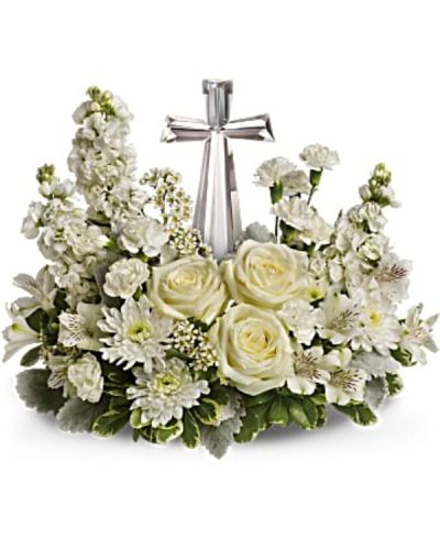 <div id="mark-3" class="m-pdp-tabs-marketing-description">An elegant display of faith and divine peace, this beautiful arrangement will comfort the bereaved in a truly thoughtful and respectful way. An exquisite crystal cross is surrounded by a bed of lovely blossoms. It is sure to be appreciated and always remembered.</div>
<div id="desc-3">
<ul>
 	<li>A fragrant mix of pure white blooms - including roses, alstroemeria, stock, carnations and waxflower - is accented with dusty miller and variegated pittosporum around an exclusive Crystal Cross keepsake</li>
</ul>
</div>